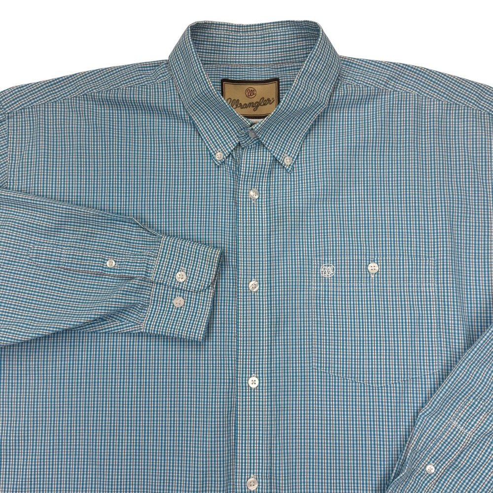 Wrangler Mens Blue White Micro Check Long Sleeve Button Down Shirt XXL MG2147M